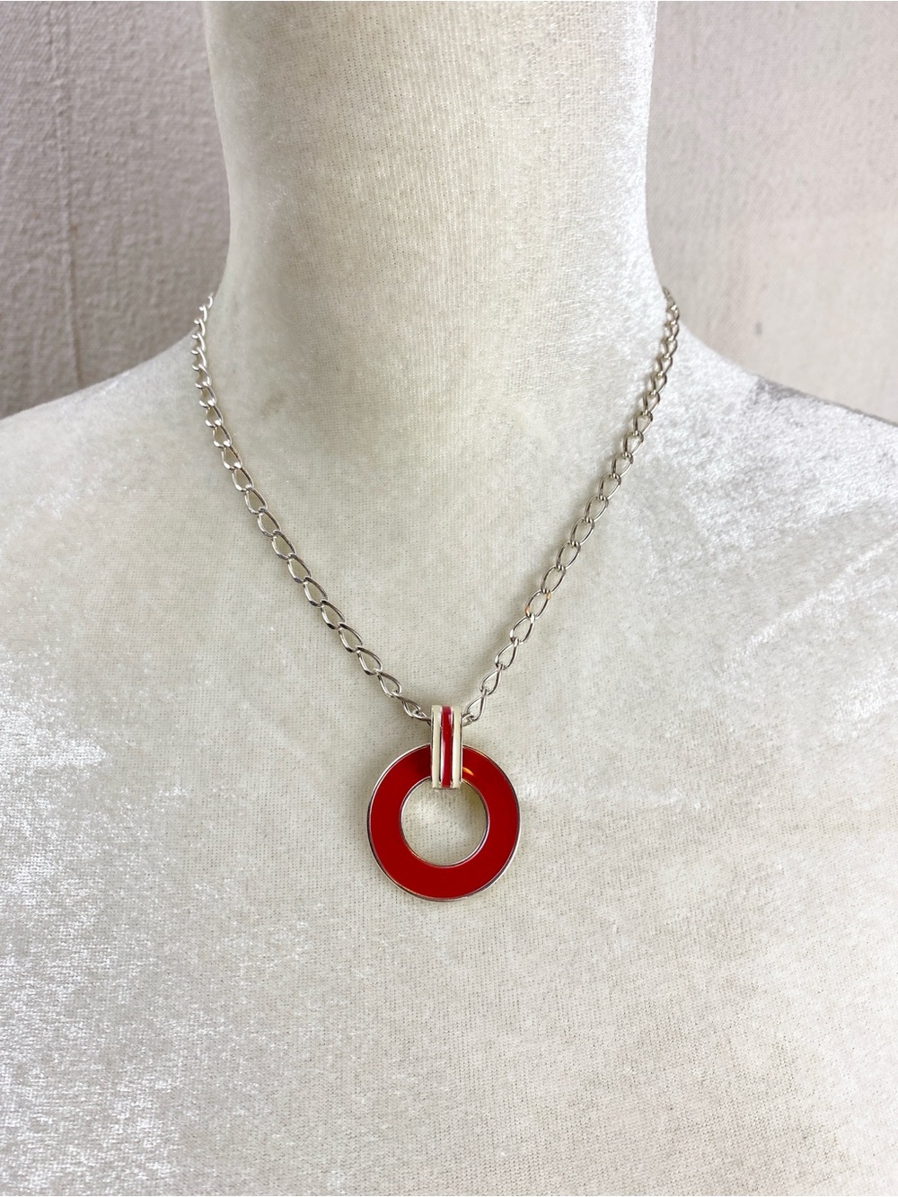 Chaps signed necklace jewelry silver tone red enamel Pendant chunky links